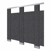 Solid phenolic bathroom partitions, sold by Partition Plus, boast a long life cycle. Customizable looks and resistance to damage and physical abuse. Rendering of flecked, patterned solid phenolic toilet partitions.