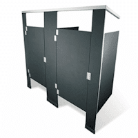 Solid plastic toilet partitions are impervious to water and graffiti resistant. Call Partition Plus for more information. Rendering of two gray solid plastic toilet partitions in an in-corner configuration
