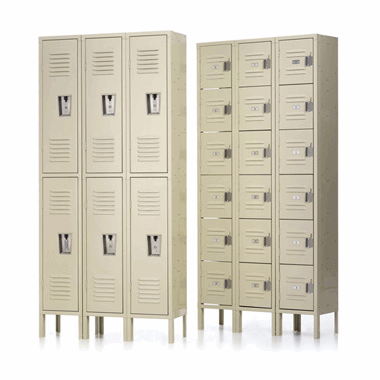 Choose from a range of configurations and materials when purchasing school, sports, or employee lockers from Partition Plus. Composite of beige three frame lockers, two and six tier.
