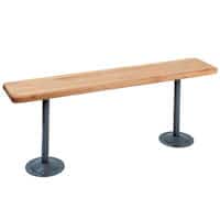 Locker rooms without benches are incomplete. Choose between solid plastic or wood bench tops, and freestanding or bolt down pedestals when purchasing from Partition Plus. Image of locker room bench with wood top, pedestal supports.