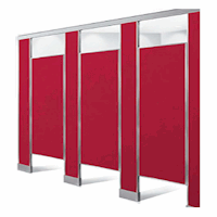 Rendering of red high pressure laminate bathroom partitions, pilasters and doors.