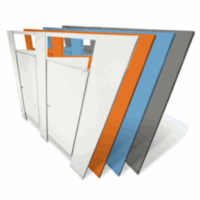 Composite image, metal bathroom stall doors, pilasters, headrail, various colors.