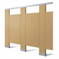 Render of beige colored toilet bathroom stall fronts.