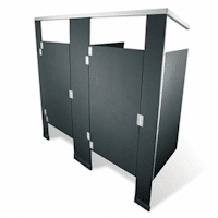 Rendering of two gray solid plastic toilet partitions in an in-corner configuration