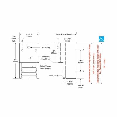 Detailed dimensions of Bobrick B-2888 surface multi roll tissue dispenser.