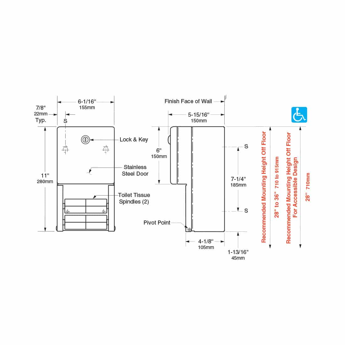 Bobrick Surface Multi Roll Toilet Tissue B-2888 - Partition Plus