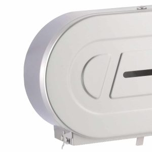 Detail of the Bobrick B-2892 twin jumbo toilet tissue dispenser.