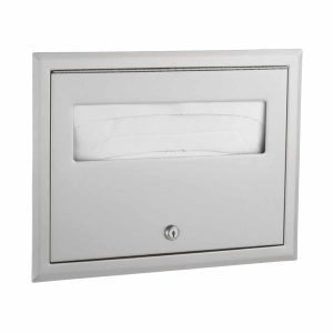 Bobrick B-301 ClassicSeries recessed seat dispenser shown full, against white.