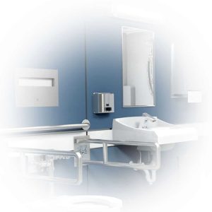 Bobrick B-4112 ConturaSeries surface mount soap dispenser in hospital bathroom.