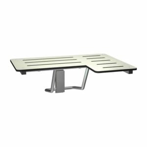 Bobrick B-5181 reversible solid phenolic folding shower seat against white.