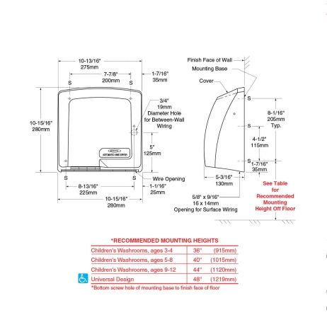 Detailed dimensions of Bobrick B-710 CompacDryer surface mounted hand dryer.