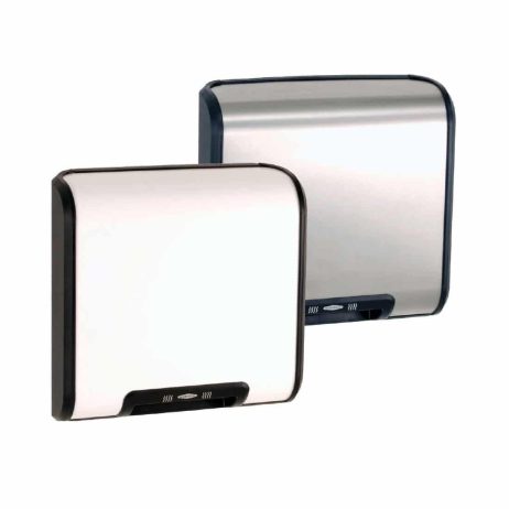 Bobrick B-7120 QuietDry TrimDry hand dryer in white and stainless.