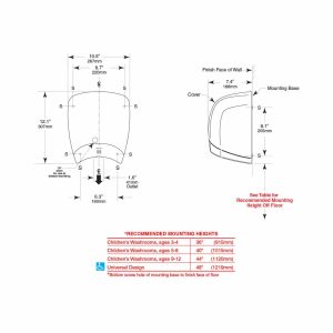 Detailed dimensions of Bobrick B-770 QuietDry DuraDry surface mounted dryer.