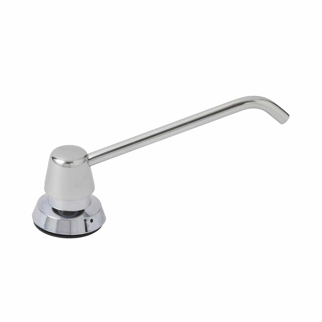 Extended bright polished spout of the Bobrick B-8226 soap dispenser. 