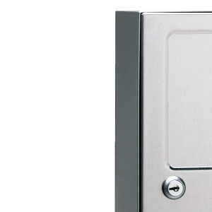 Lock detail on Bobrick B-254 surface mounted sanitary napkin disposal.