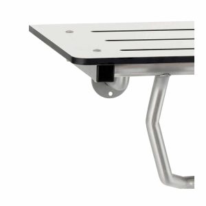 Detail of Bobrick B-5181 reversible solid phenolic folding shower seat.