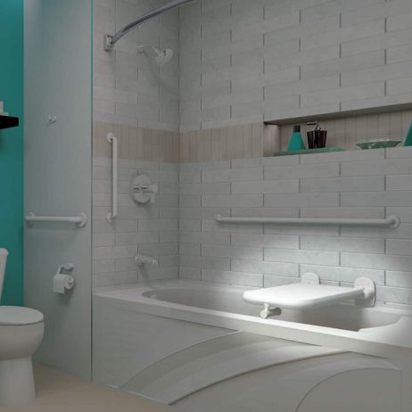 Bobrick B-518116 vinyl coated bathtub seat in contemporary home bathroom.