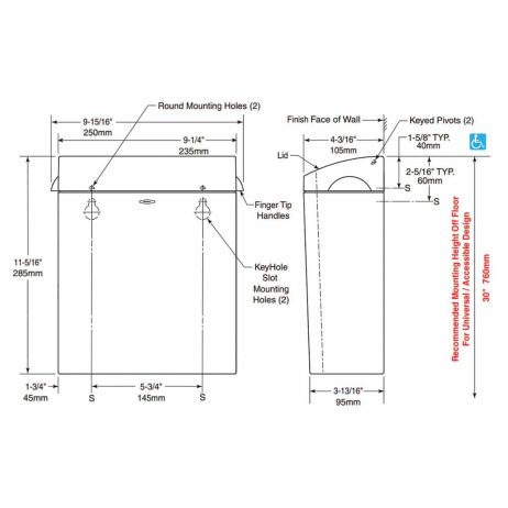 Bobrick B-5270 MatrixSeries surface mounted sanitary napkin disposal detailed dimensions.