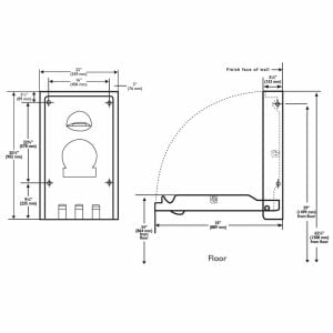 Koala Kare KB101 vertical wall baby changing station detailed dimensions.