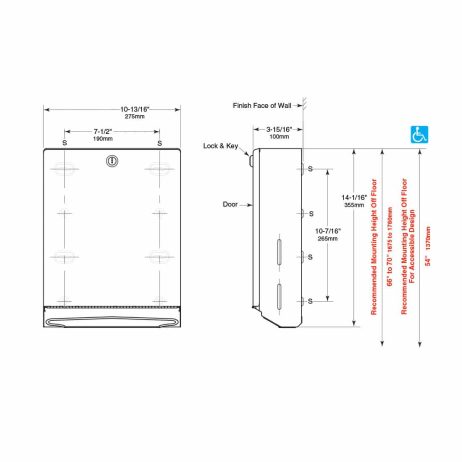 Detailed dimensions of Bobrick B-262 surface folded paper towel dispenser.