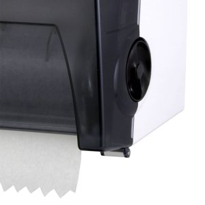 Detail of Bobrick B-72860 surface mounted roll paper towel dispenser.