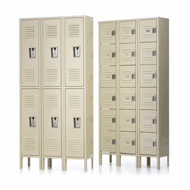 Composite of beige three frame lockers, two and six tier.