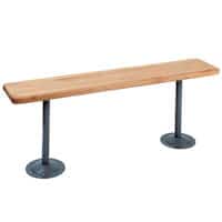 Image of locker room bench with wood top, pedestal supports.