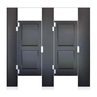 Rendering of solid plastic toilet partitions with engraved doors.
