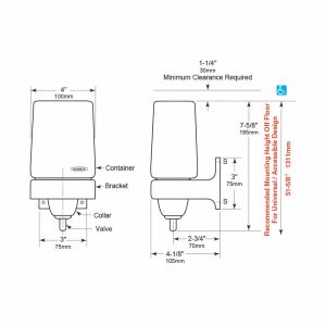 Detailed dimensions of Bobrick B-155 LiquidMate ClassicSeries liquid soap dispenser.