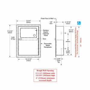 Bobrick Recessed Sanitary Napkin Disposal B-353 line drawing with dimensions.