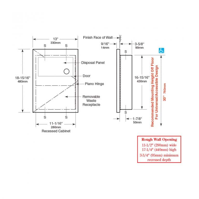 Distributeur/ Récupérateur De Serviettes Hygiéniques Encastré Bobrick B-35303 - Pour Sanitaires Publics