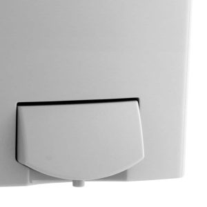 Detailed view of push button on Bobrick B-5050 soap dispenser.