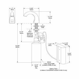 Detailed dimensions of Bobrick B-826 automatic lavatory mounted soap dispenser.