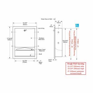 Detailed line drawings of Bobrick Recessed Paper Towel Dispenser B-359.