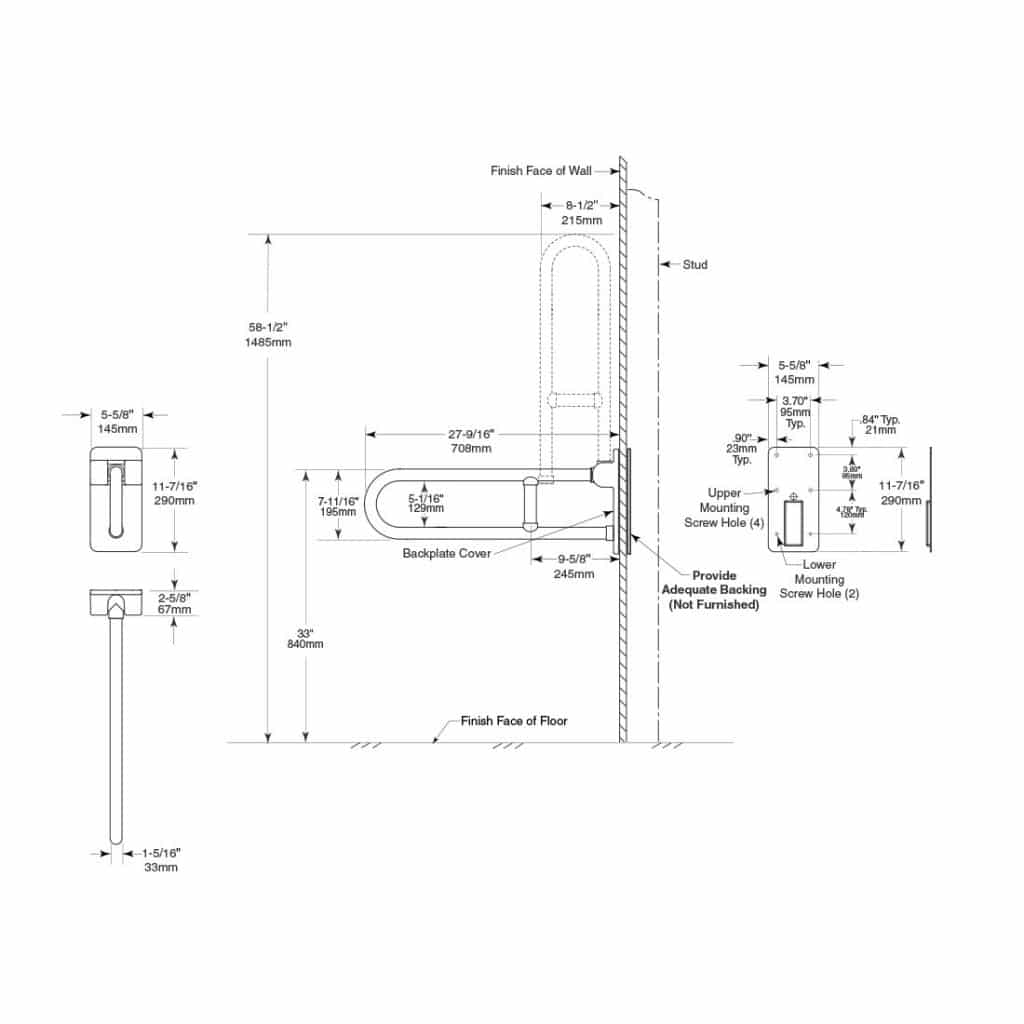 Bobrick Vinyl Coated Swing Up Grab Bar B49916 Partition Plus