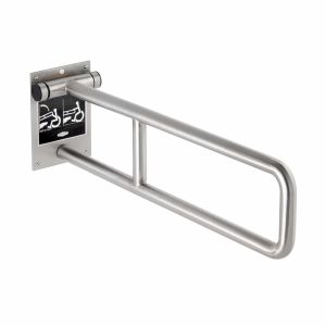 Bobrick Swing Up Grab Bar B-4998 satin finish against white.