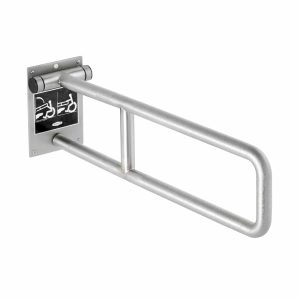 Bobrick Swing Up Grab Bar B-4998 peened finish against white.