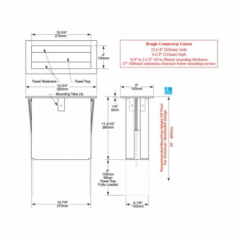 Bobrick TrimLine Countertop Paper Towel Dispenser B-526 line drawings.