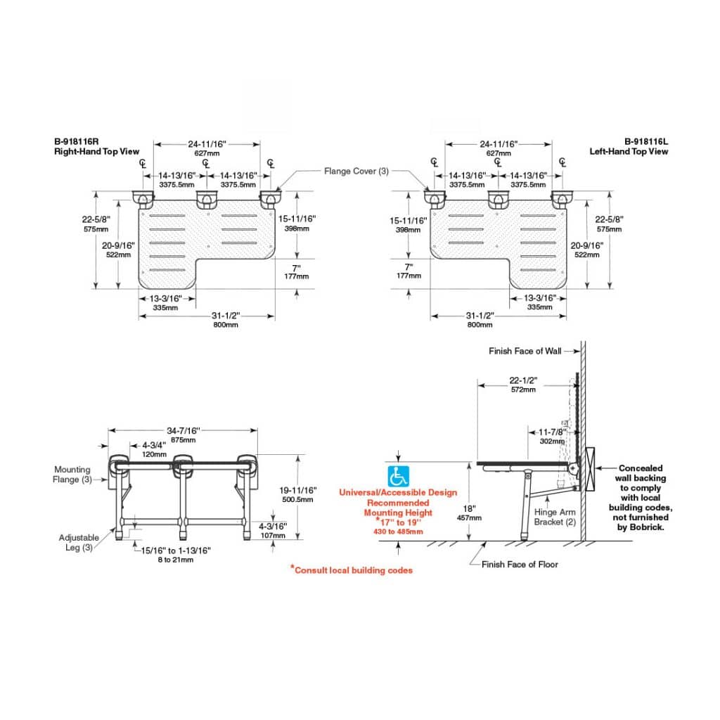 Bobrick Bariatric B918116 Folding Shower Seat Partition Plus