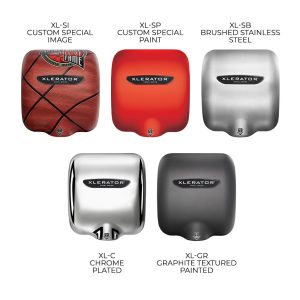 Several XLERATOR hand dryer finishes shown against a white background.