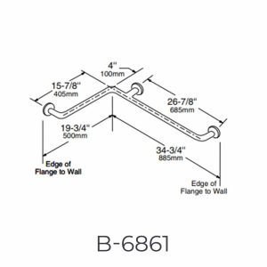 Bobrick 1 ½” Diameter Two-Wall Grab Bar B-6861 detailed dimensions line drawing.