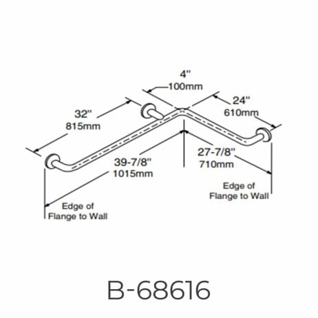 Bobrick 1 ½” Diameter Two-Wall Grab Bar B-68616 detailed dimensions line drawing.