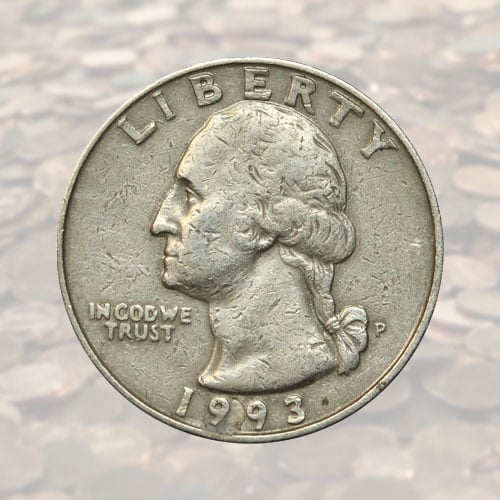 Photograph of a 1993 US Quarter coin against textured background.