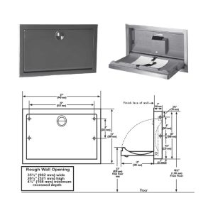 Detailed dimensions of Koala Kare’s KB110-SSRE stainless baby changing station.
