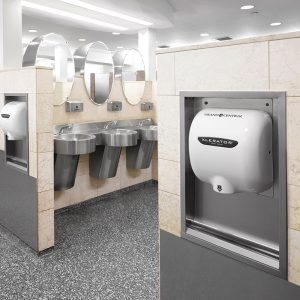 White Epoxy Painted XLERATOR dryers customized with Grand Central branding.
