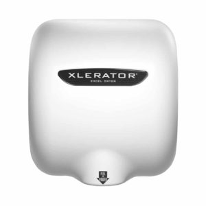 White Epoxy Painted Excel XLERATOR hand dryer pictured on white.