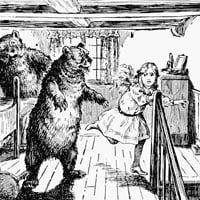 Printed image of Goldilocks running from the three bears.