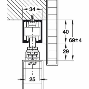 Line drawing showing track to ceiling. fitting attachment to panel.