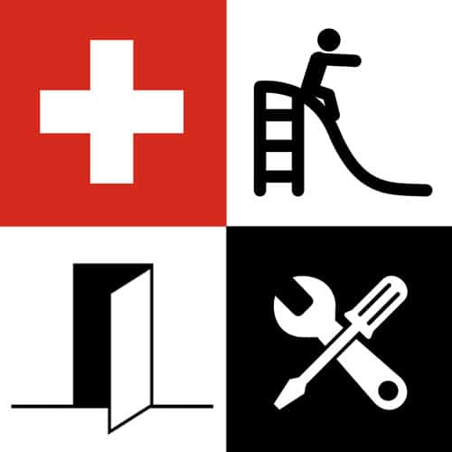 High contrast rebus depicting the phrase โSwiss sliding door hardwareโ.
