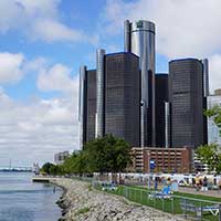 Skyscrapers along a river in Detroit Michigan